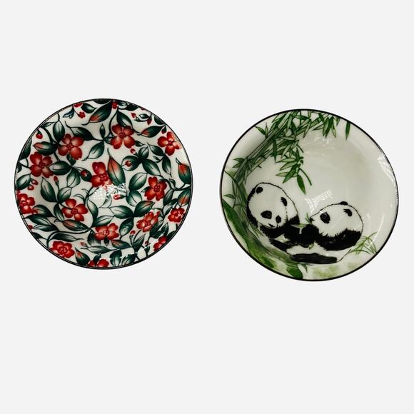 2 Sauce Porcelain Bowls Dipping/Trinket Asian Floral Panda - Picture 1 of 7